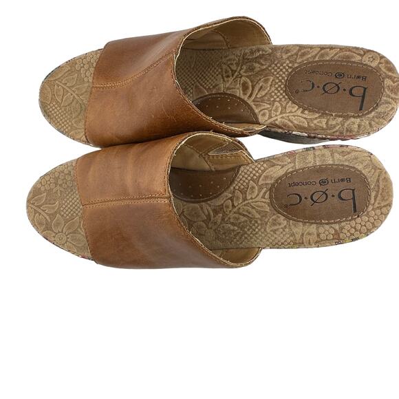 B.O.C. Born Women’s 9 Tan Leather Floral Print Cork Platform Wedge Slide Sandals - Picture 4 of 8